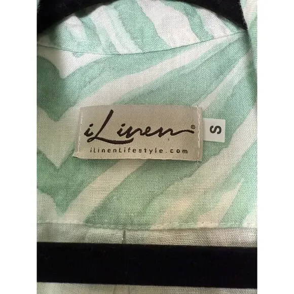I Linen ilinen Lifestyle Classic button down shirt green zebra small - Picture 3 of 6